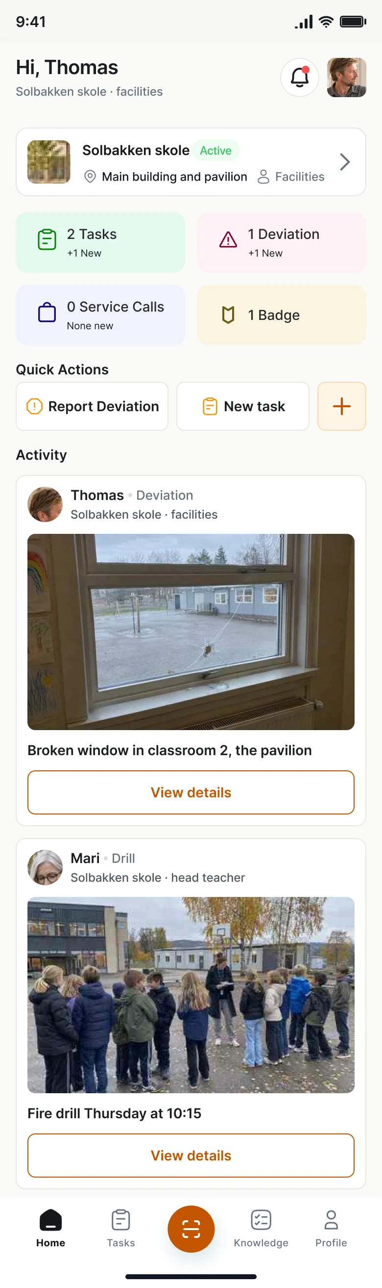 The work feed at Solbakken skole in FireHub Personal on the phone, with a deviation reported by facilities.