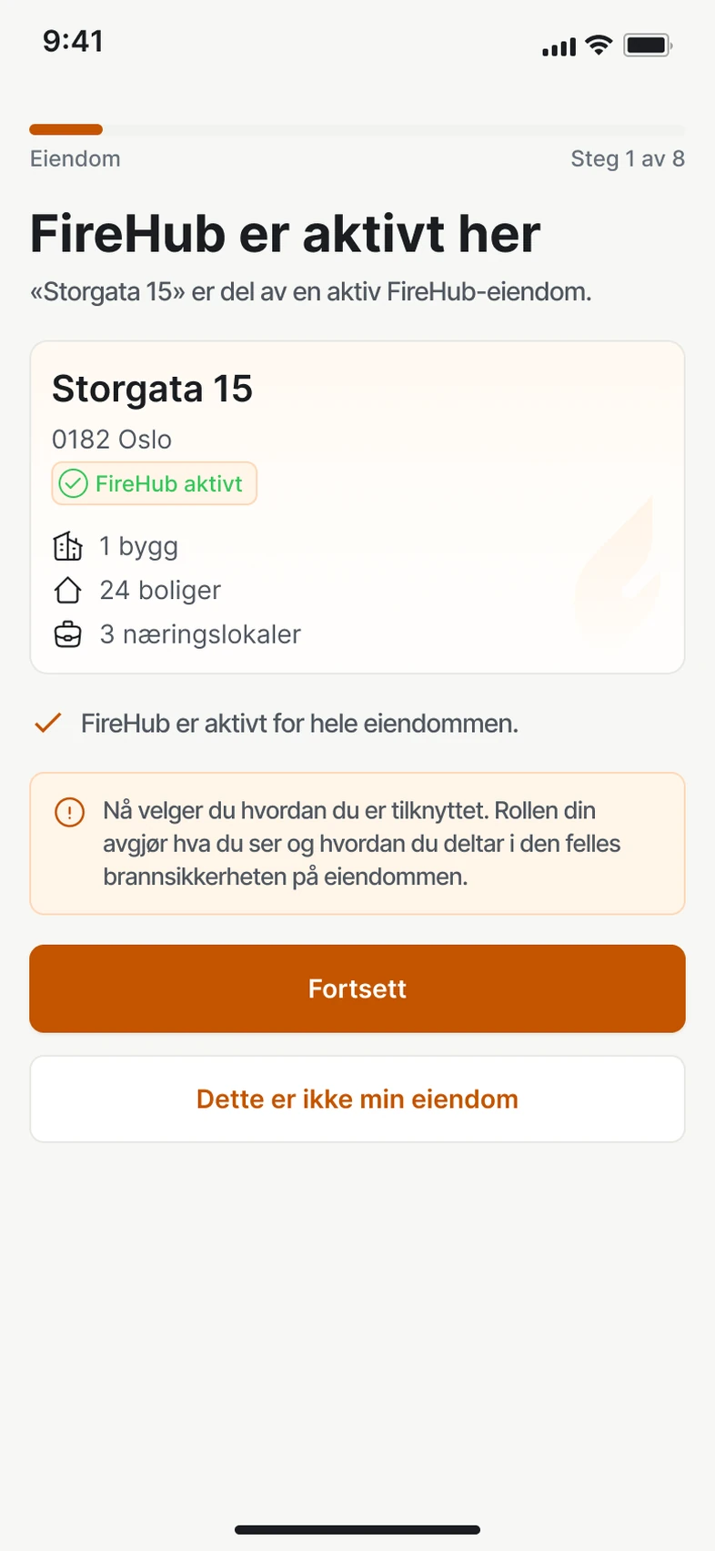 Tilkobling til eiendommen i FireHub Personal på mobilen: FireHub er aktivt her.