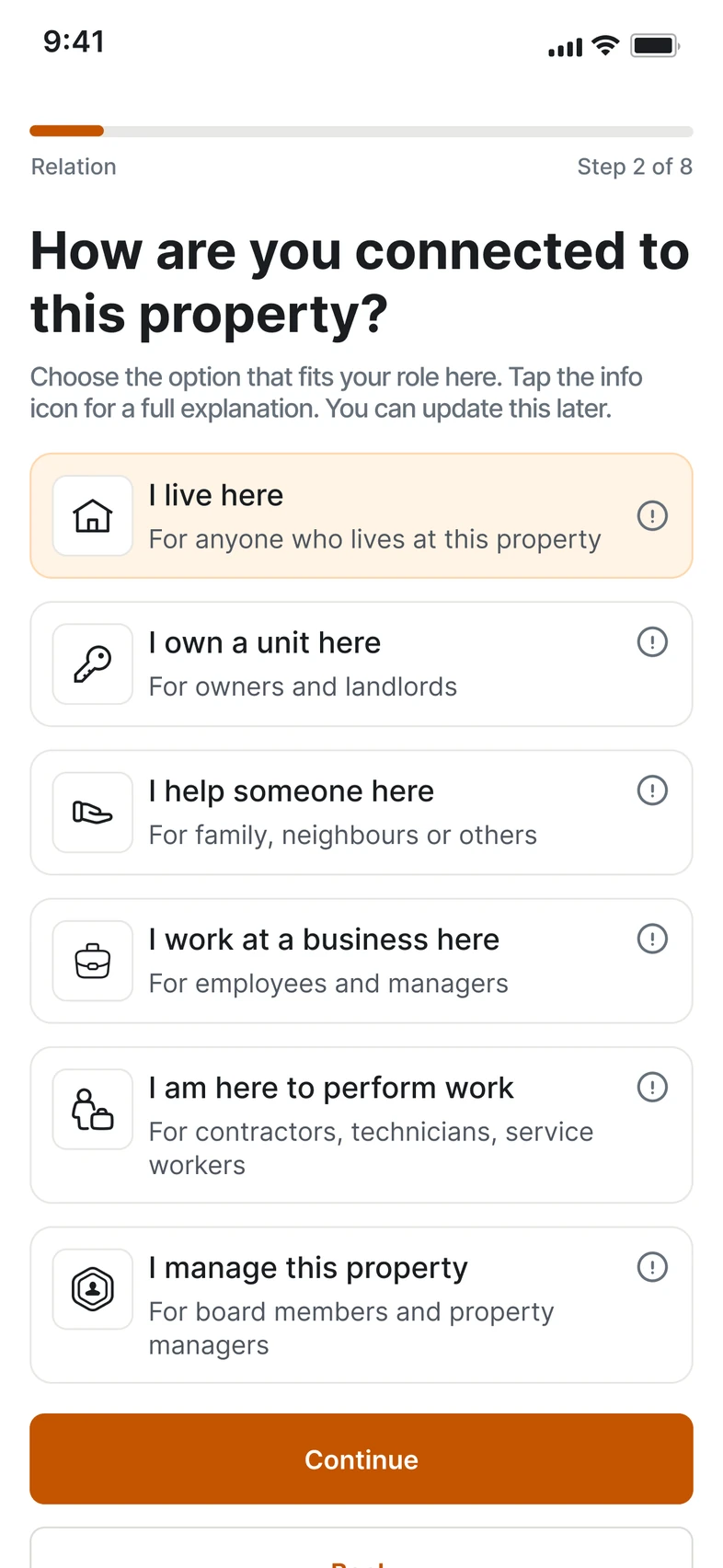 Connection to the property in FireHub Personal on the phone: the role in the building is chosen.