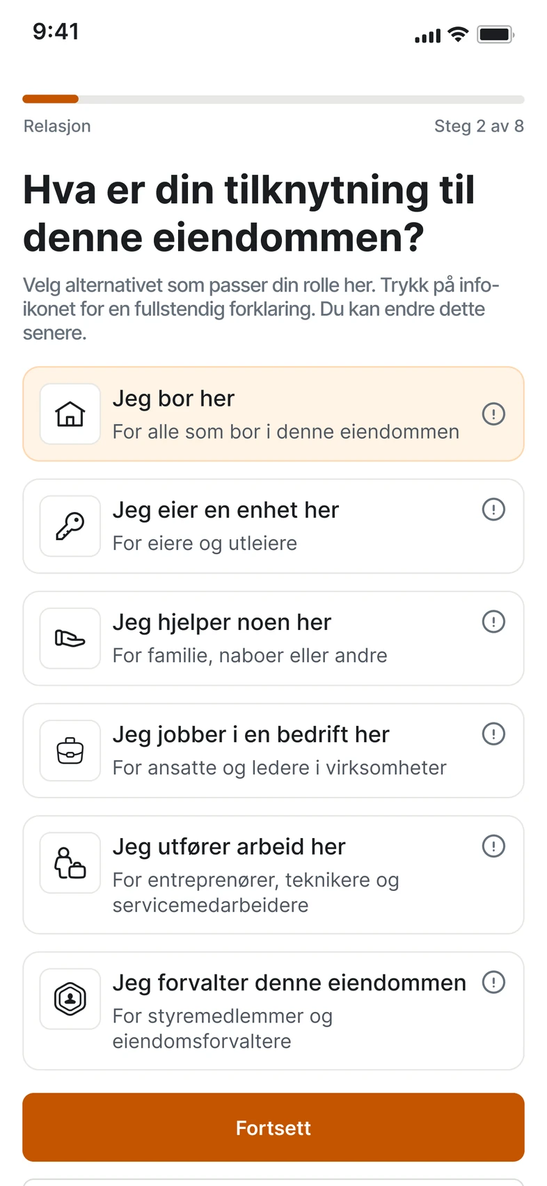 Tilknytning til eiendommen i FireHub Personal på mobilen: rollen i bygget velges.