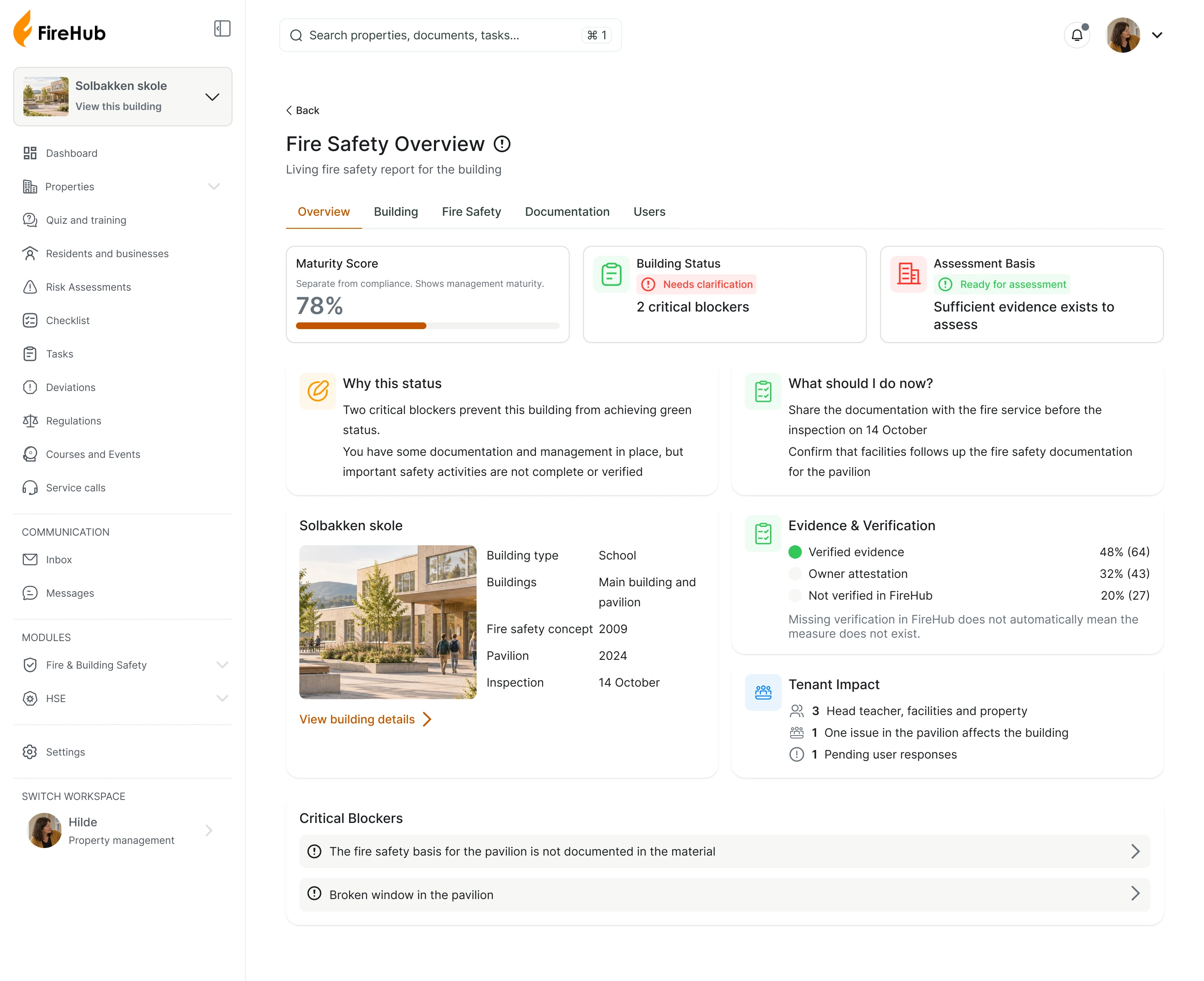 Screenshot of FireHub on a computer: the fire safety overview for Solbakken skole, with maturity score, status, what should be done now and two critical blockers.